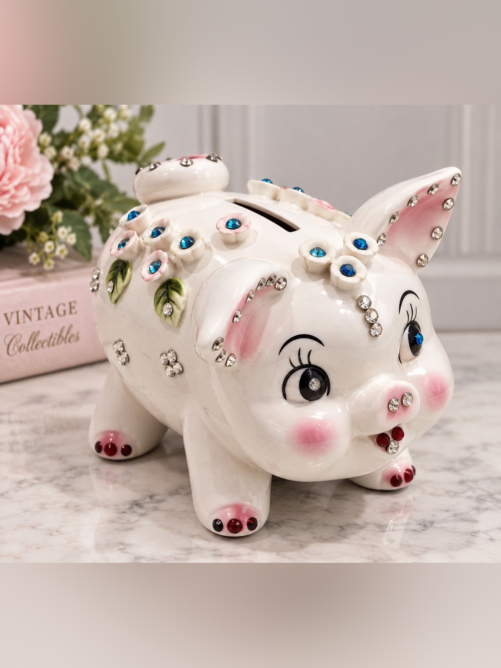 Vintage Shaffer Originals Jeweled Ceramic Piggy Bank Rhinestone #3609